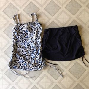 Lands’ End Swimwear Set, Tankini and swim skirt with cinch sides, Sz 8, Navy